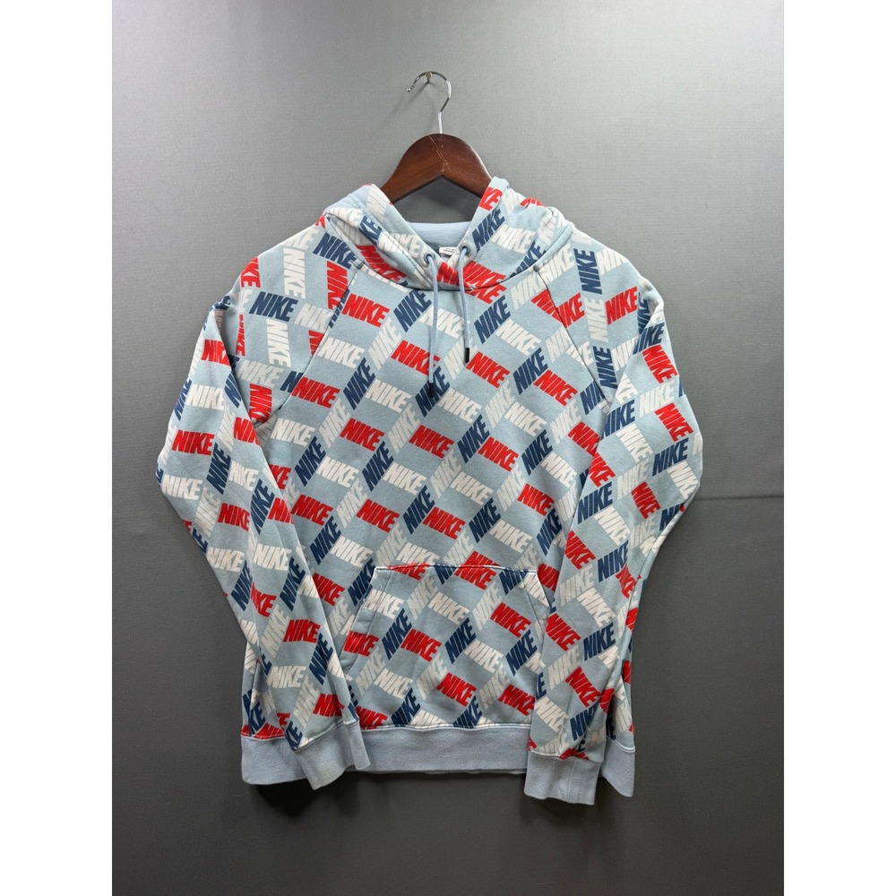Nike Hoodie Mens Light Blue All Over Print Logo Pullover‎ Medium